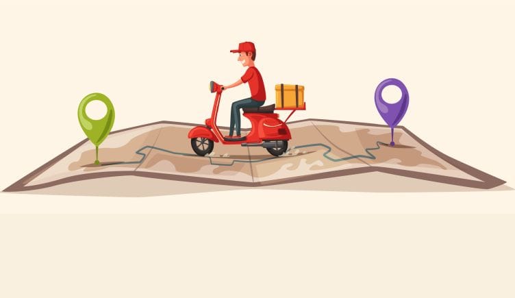 A vector cartoon shows a delivery driver on a scooter going from one point on the map to another