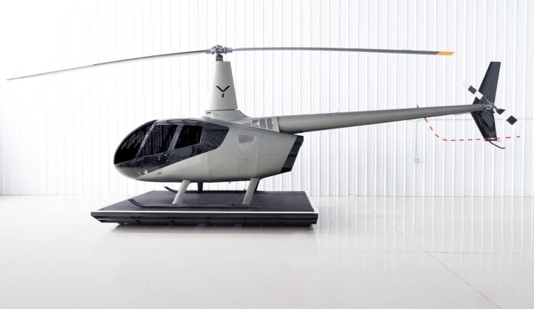 A model helicopter featuring Skyryse technology. 