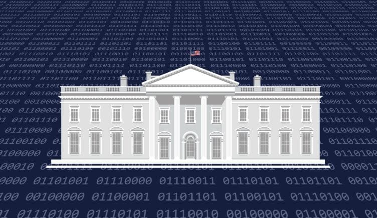 A 2-dimensional illustration of the White House, with binary code behind it against a navy blue background.