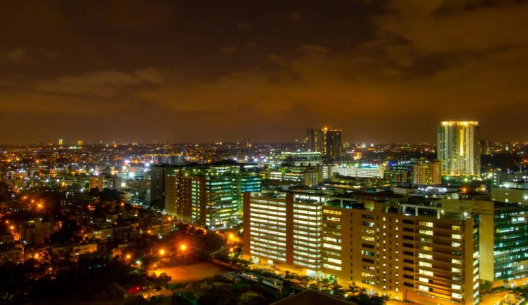 A view of the Bangalore, India skyline at night.