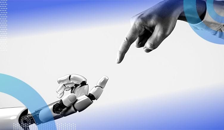 A robotic hand and human hand reaching toward one another as though to touch index fingers together.