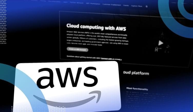 A smartphone displays the AWS logo in front of a laptop with text about cloud computing