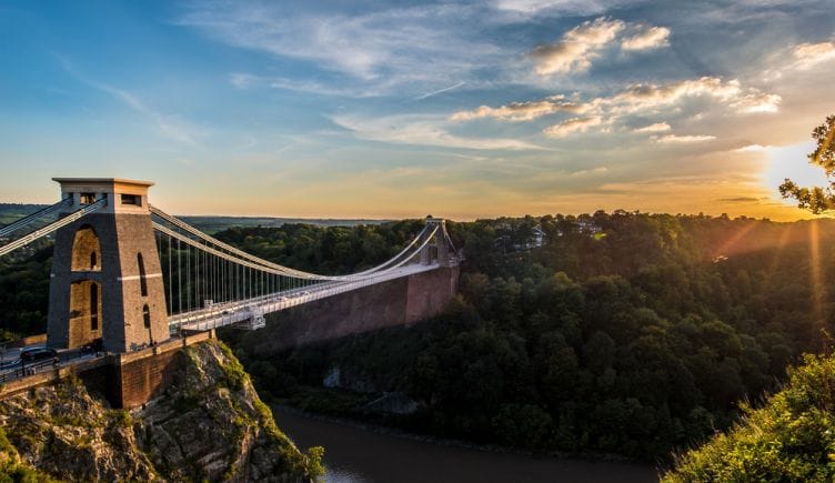 An aerial view of the Clifton Suspension Bridge in Bristol.