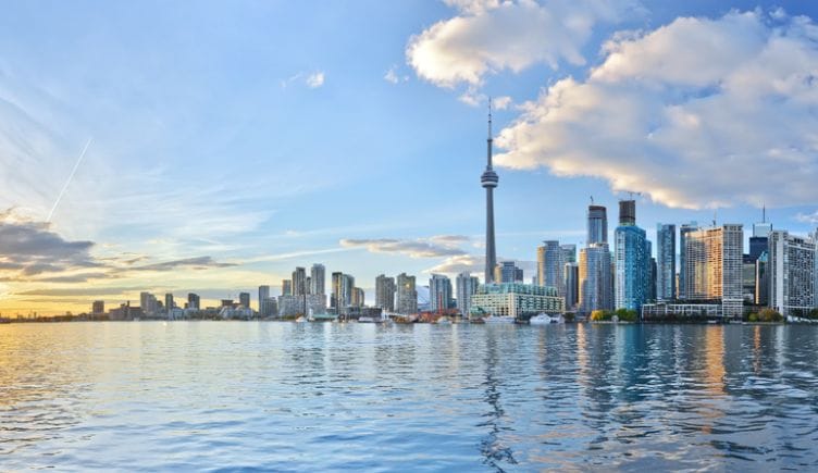 A view of the Toronto skyline from across the water.