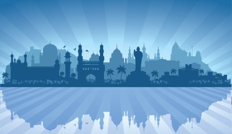 An illustration of Hydarabad India's city skyline in blue tones