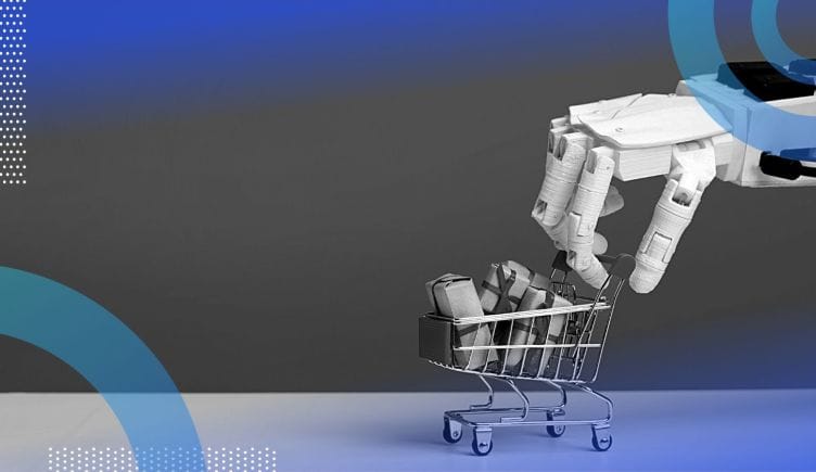 Robot hand pushing a shopping cart with presents