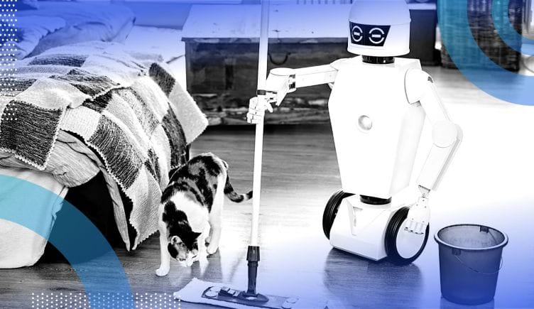 A robot on wheels mopping the floor with a calico cat observing.