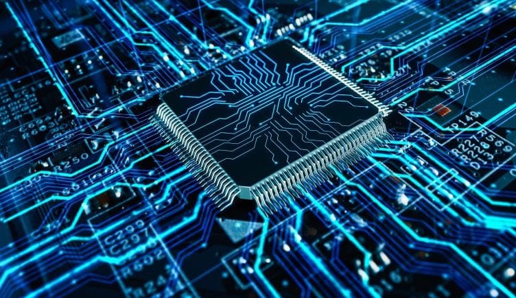 Image of a computer chip with various blue nodes and lines coming out of it, indicating connectivity.