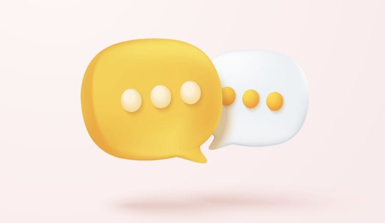 Two speech bubbles, one yellow and one white, on a pink background.