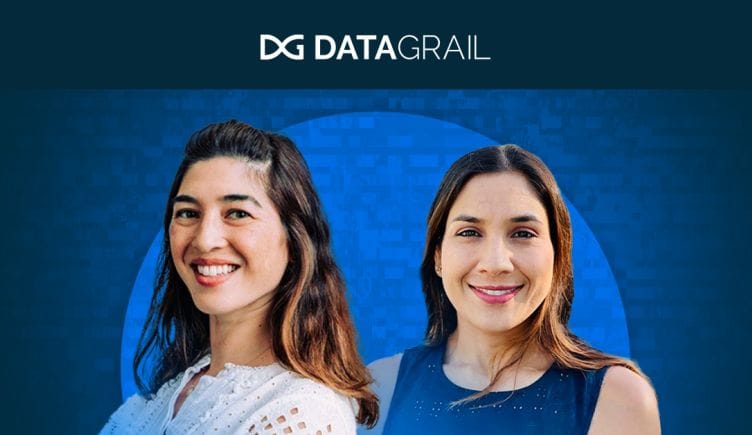 Headshot photos of Chandni Jain and Lauren Volpi on a branded DataGrail background.