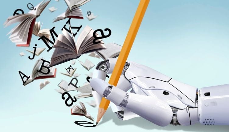 A robot hand holding a pencil as if it is writing, with various books and letters flying off the surface it is writing upon.