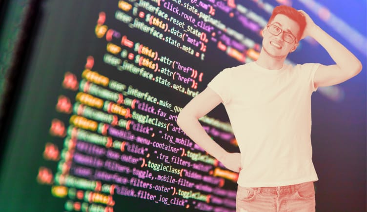 person looking confused, code in the background, reading code