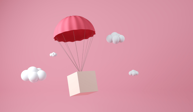 Cardboard box with a parachute, drops marketing