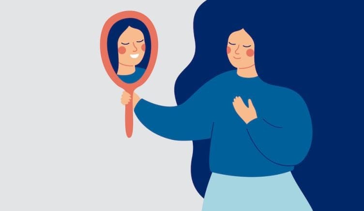 Illustration of a woman smiling into a hand mirror.