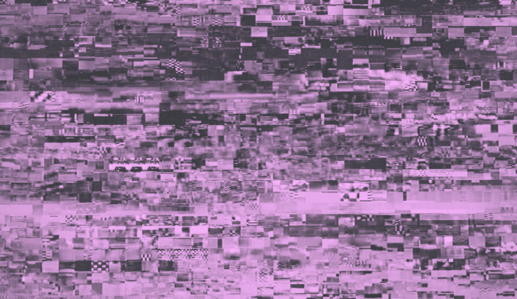 A purple-toned image of a TV screen displaying an image scrambled by a bad signal. weak-signal