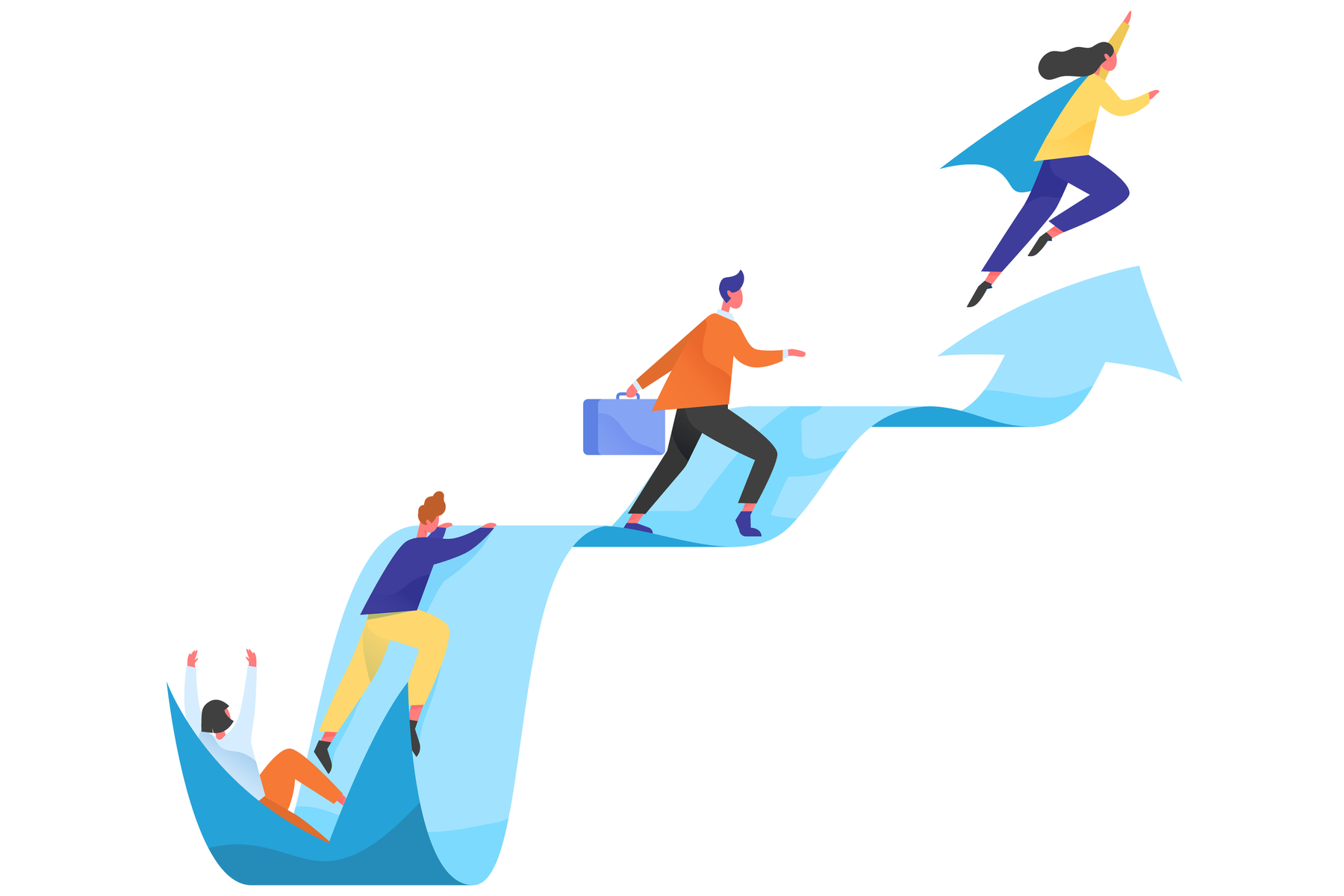 Four figures ascending an upward path that ends in an arrow