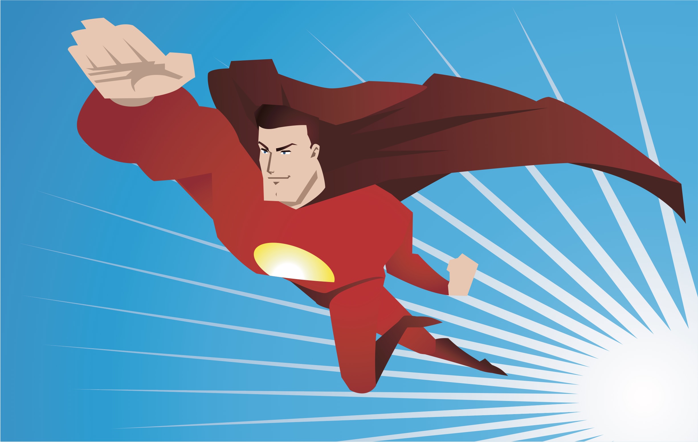 A superhero in red outfit and cape flying confidently at the screen.