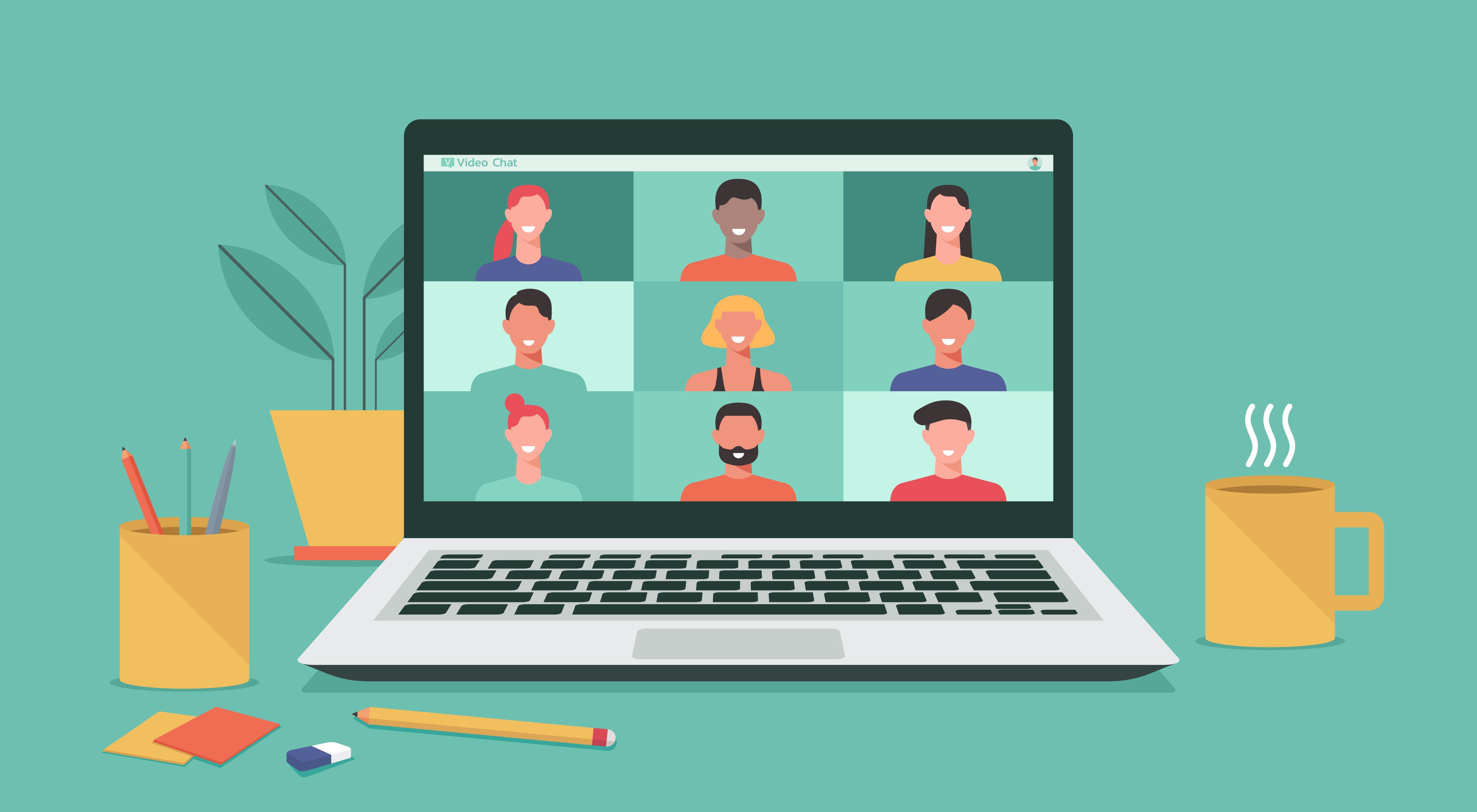 Illustrated image of a laptop displaying a video call in progress