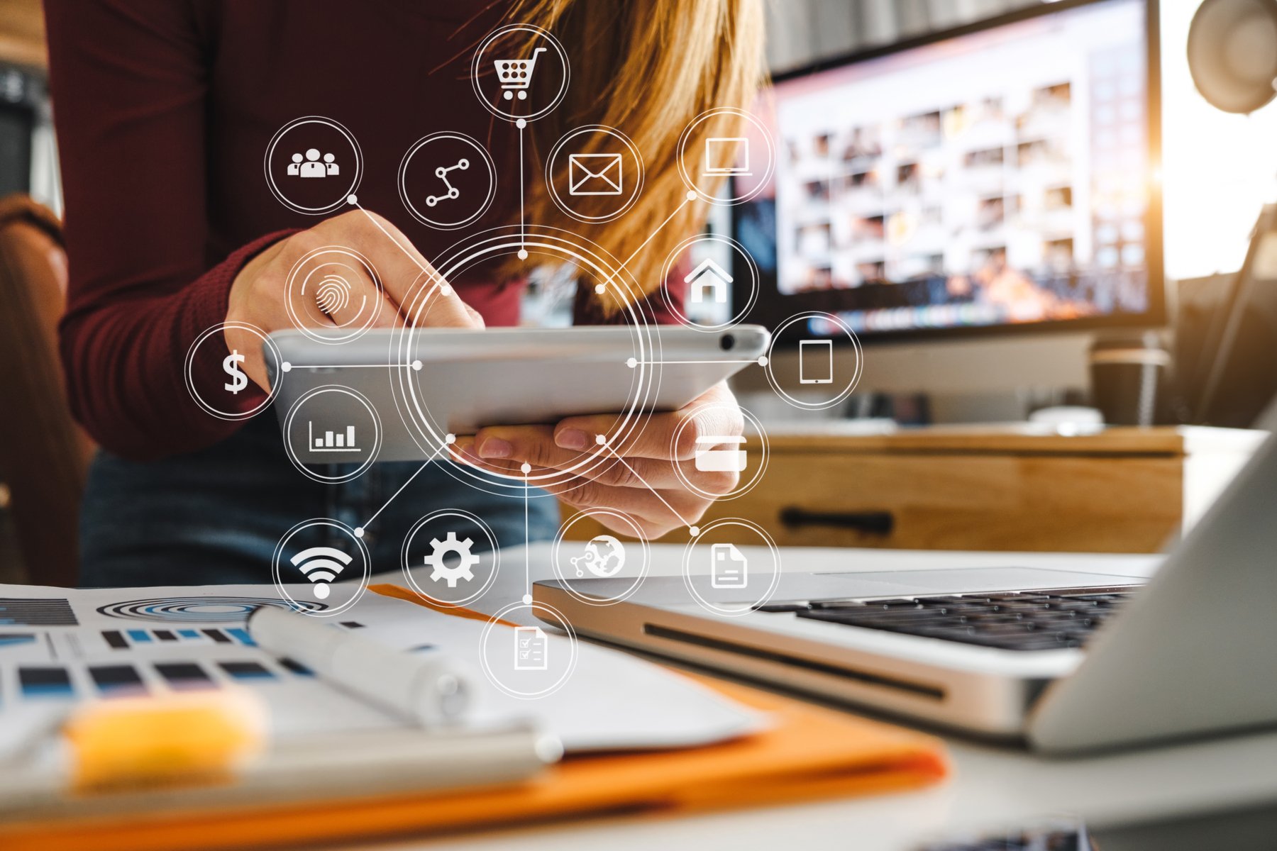 Woman uses multiple devices to connect
