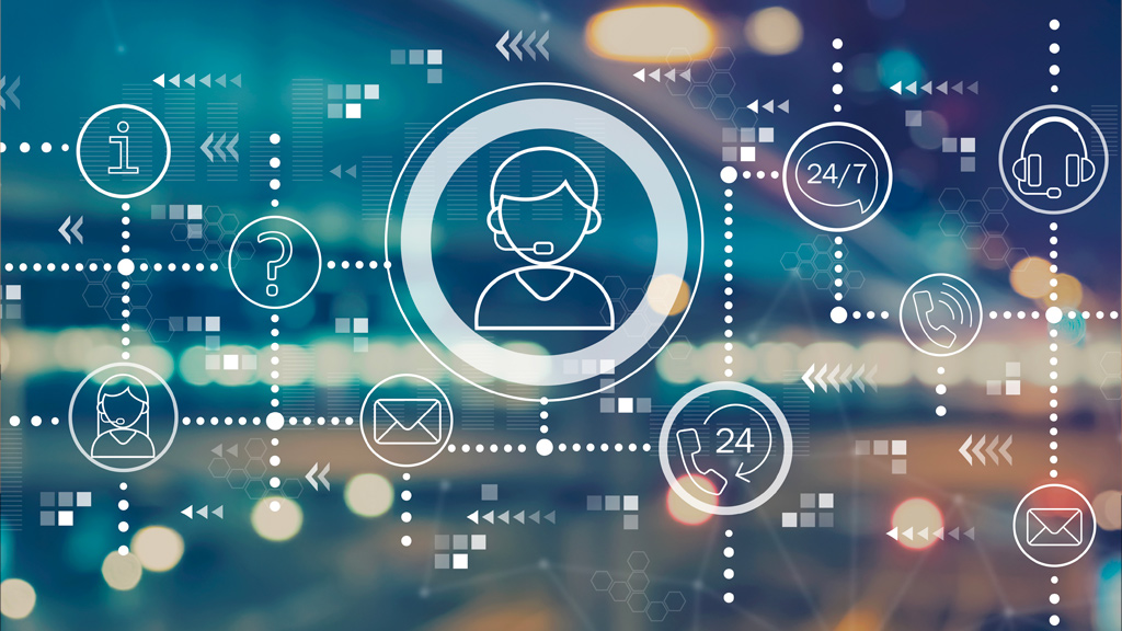 Customer service icons with blurred city abstract lights in the background