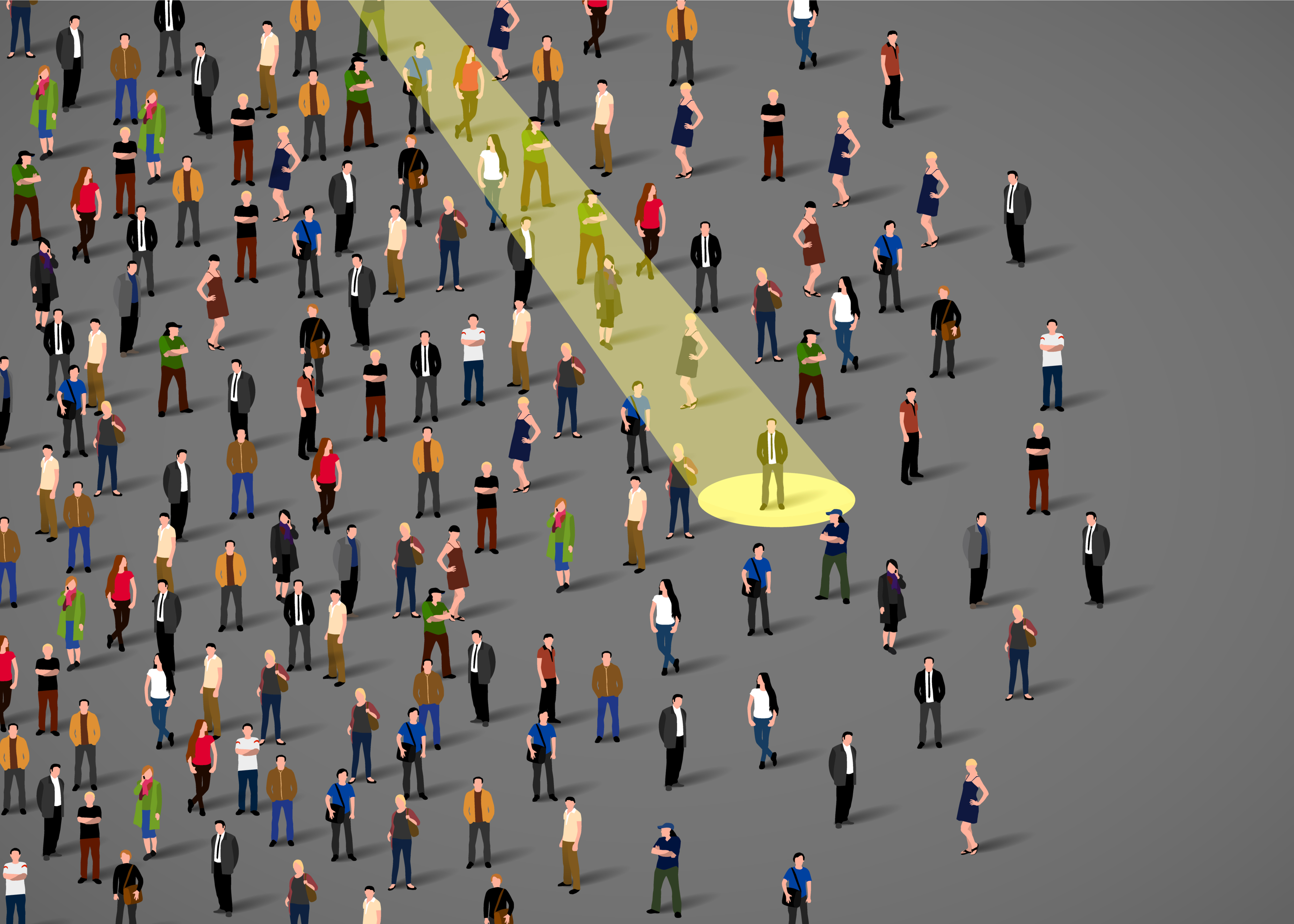 Spotlight on businessman in a big group of people.