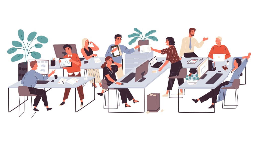 An illustration of a happy team working together in an office