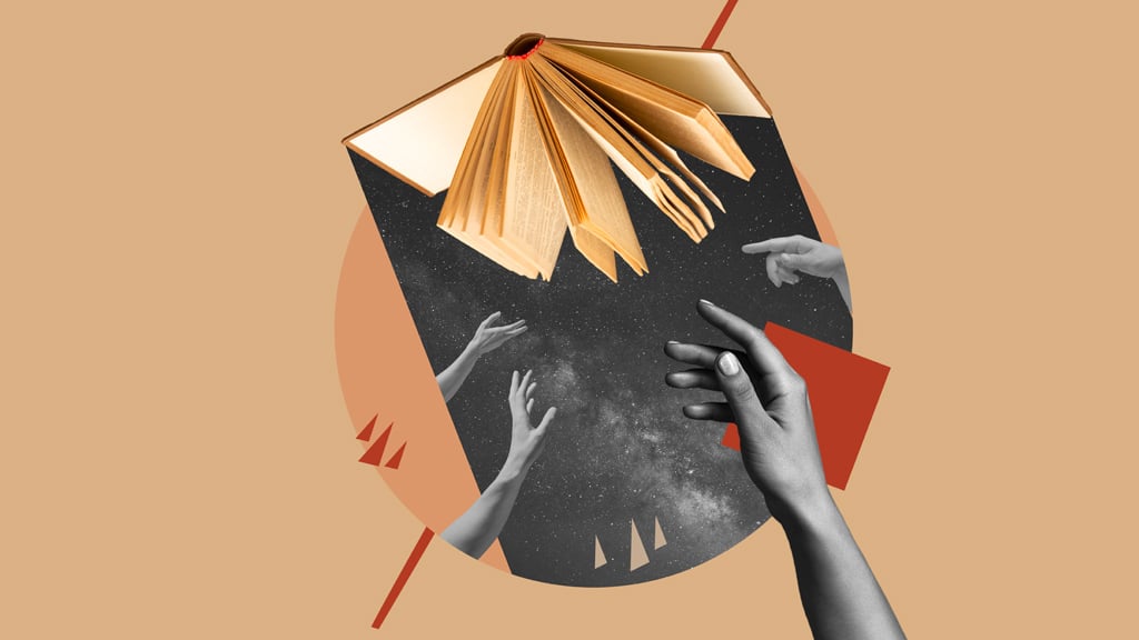 Different hands reaching for an opened book