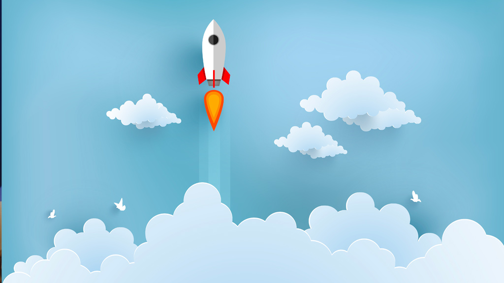 Illustration of rocket flying over clouds