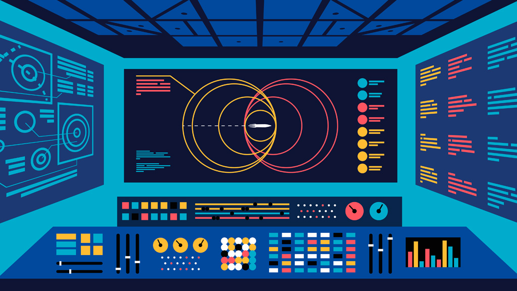 Illustration of flying mission control center monitoring spaceflight.