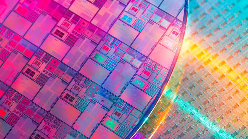Silicon Wafer with microchips used in electronics for the fabrication of integrated circuits.