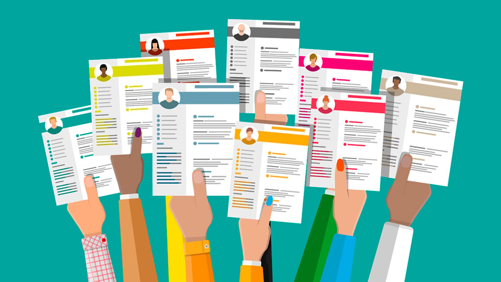 Illustration of hands holding up resumes
