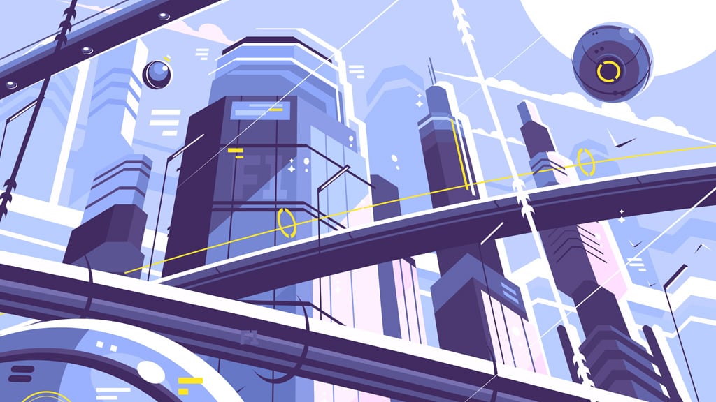 Illustration of city metropolis of future with skyscrapers and hyperloop.