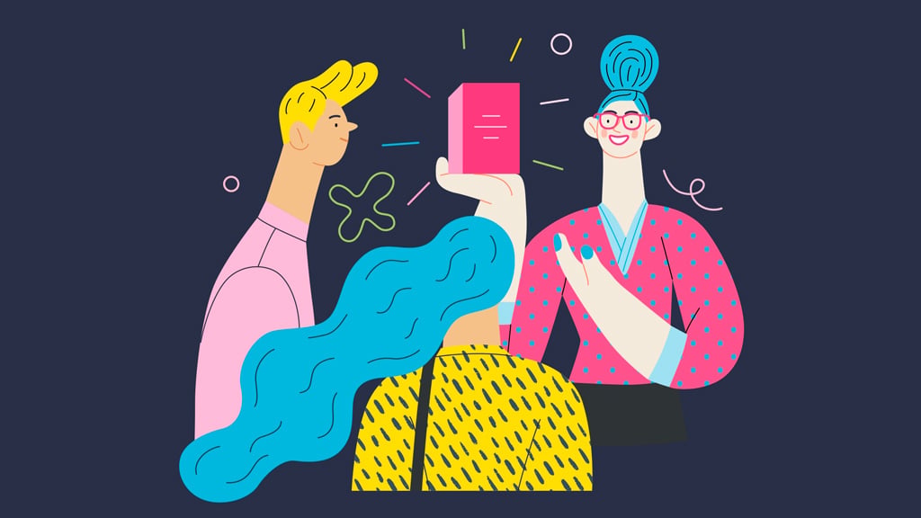 illustration of customers and a salesperson telling about and offering the product