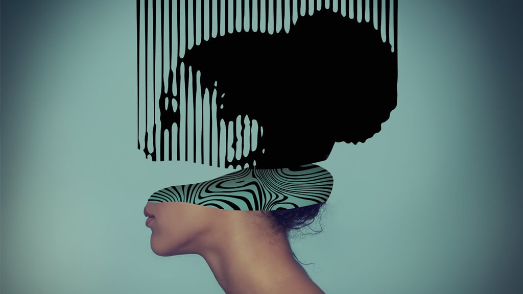 a woman meditating or dreaming with top part of her head made of a barcode style illustration