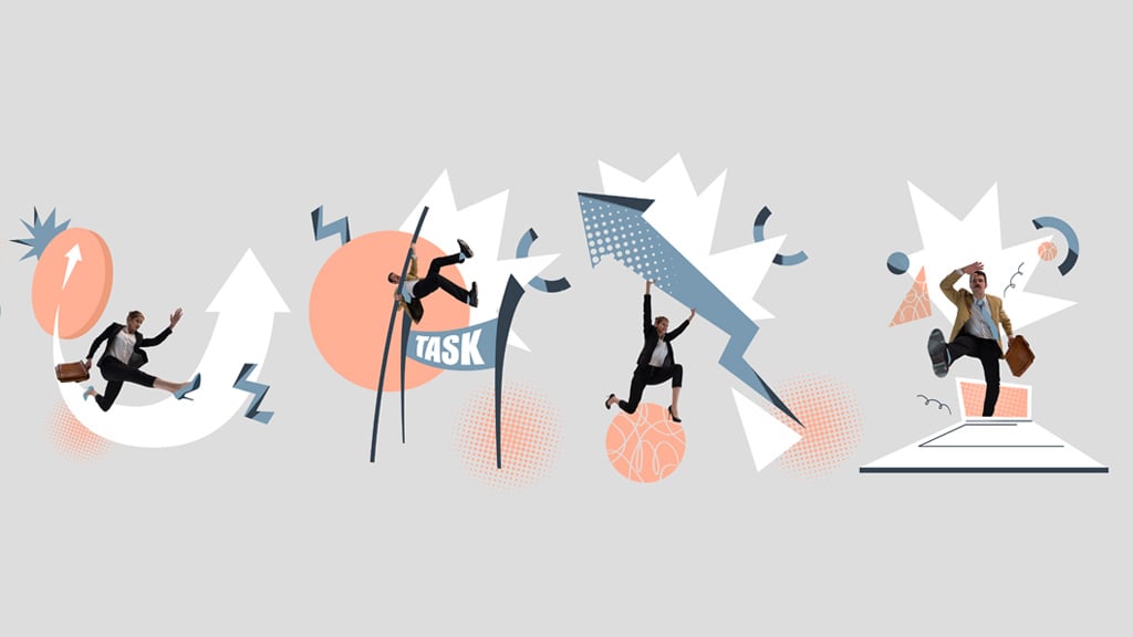 Illustration of business people doing their tasks, going through problems, developing growth.