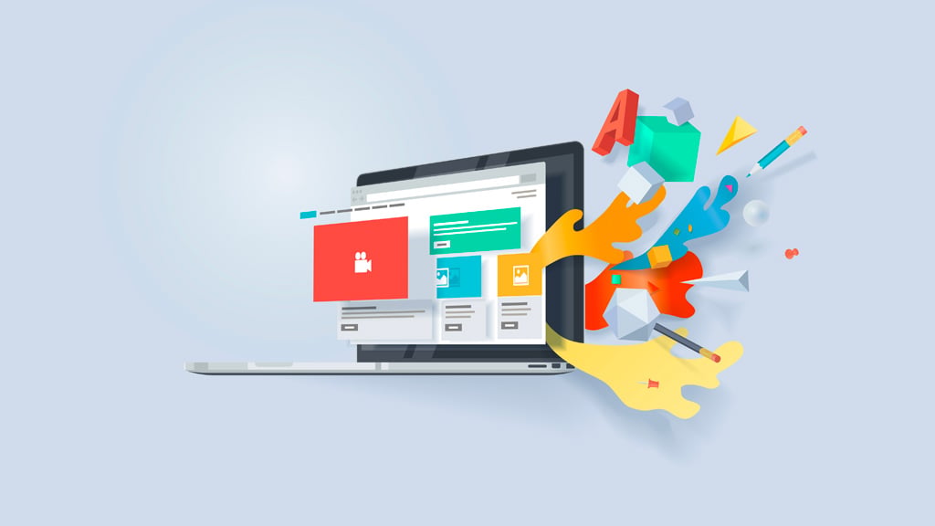 Illustration of web design elements and tools coming out of a laptop screen