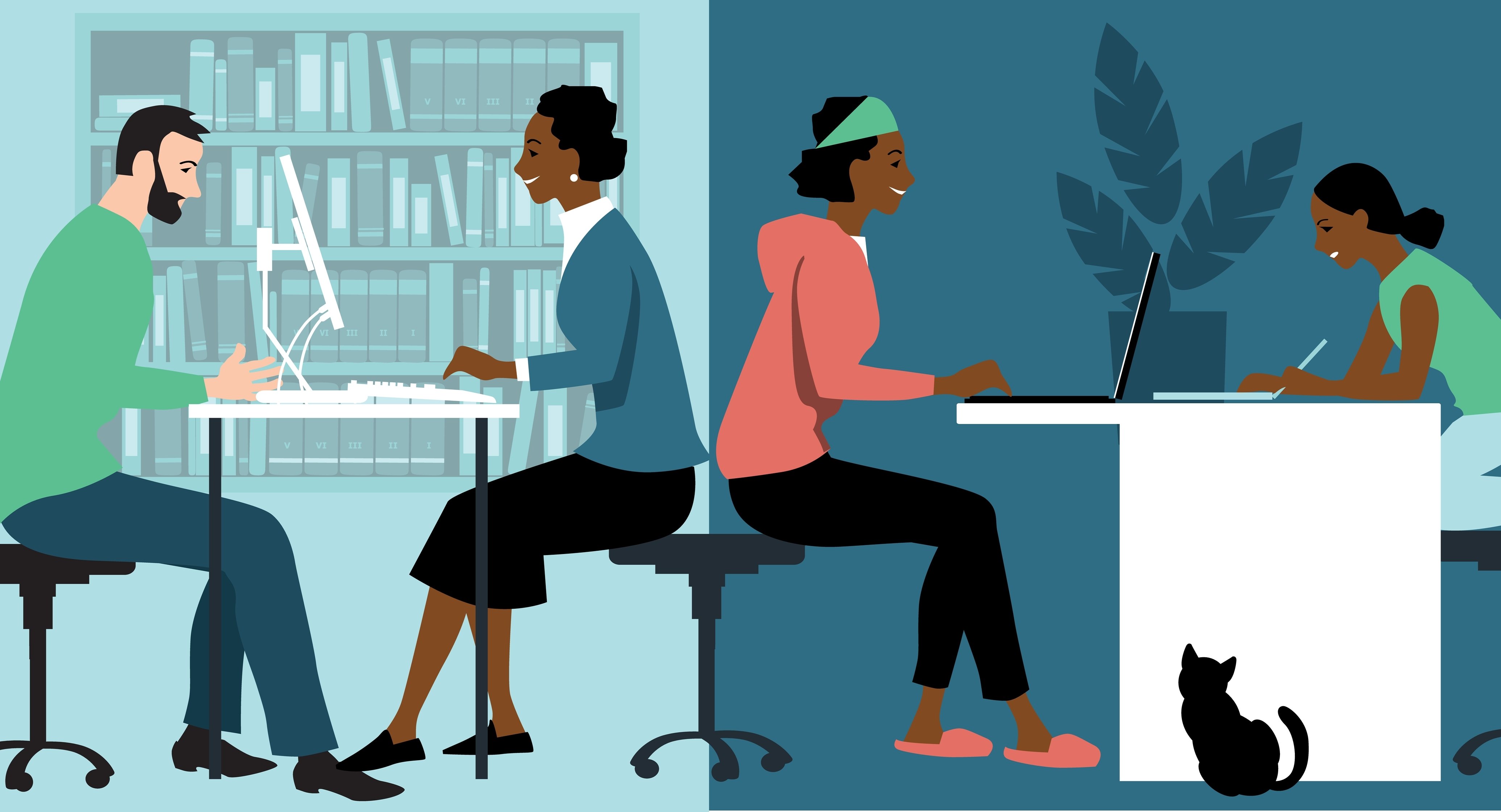Two sets of illustrated people work in iin-office and home-office environments