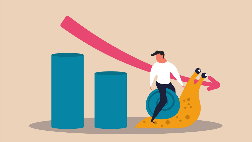 Illustration of bar graph downward arrow man riding snail