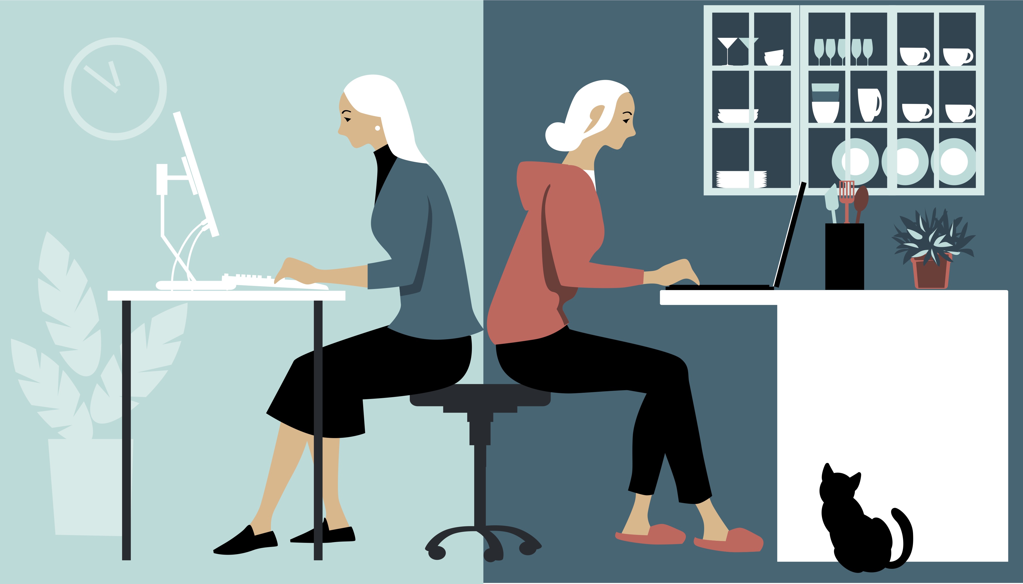 A woman working from in-office and remote settings.
