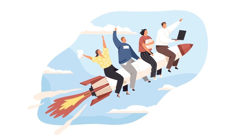 A graphic shows four employees on a rocket