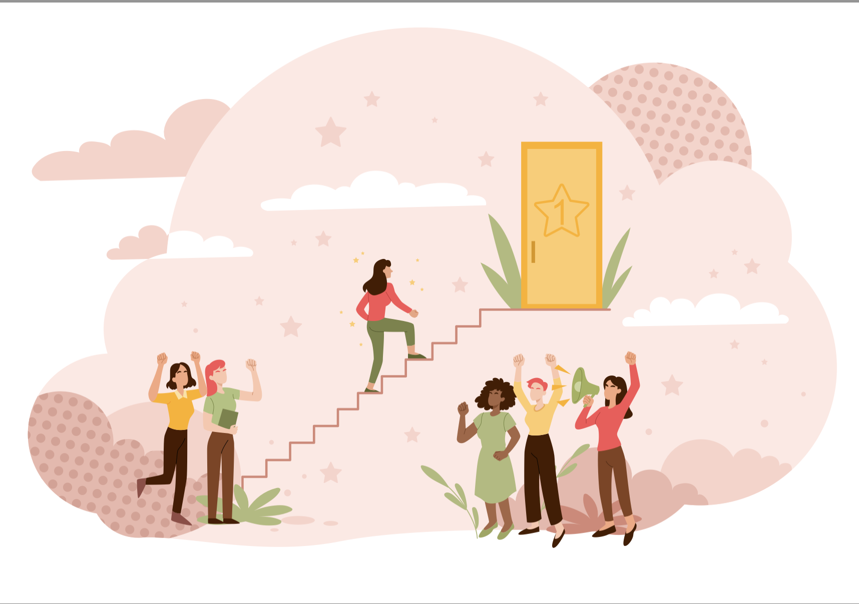 Women cheering each other on as they climb the corporate ladder.