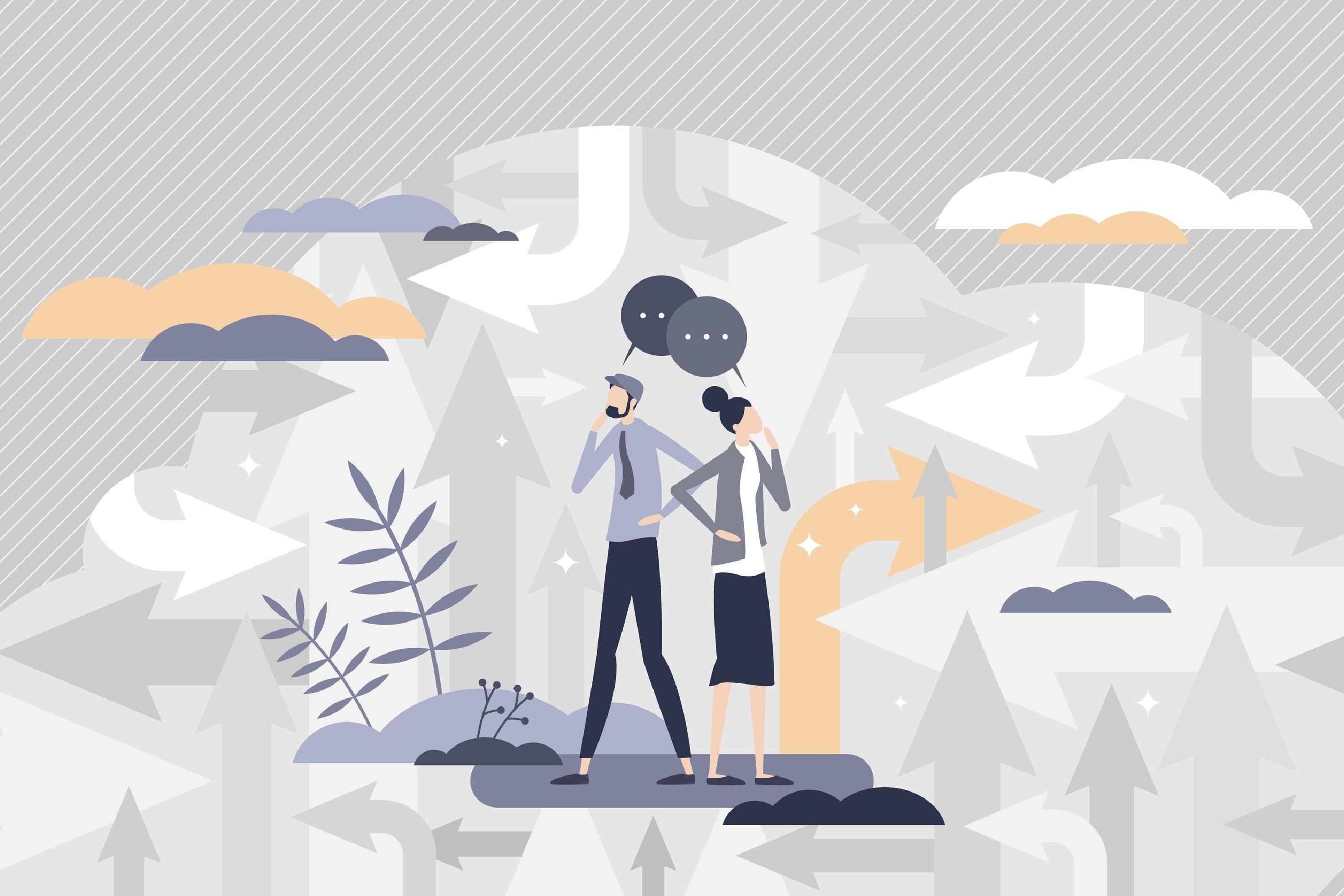graphic of two people choosing which path to take out of many arrows