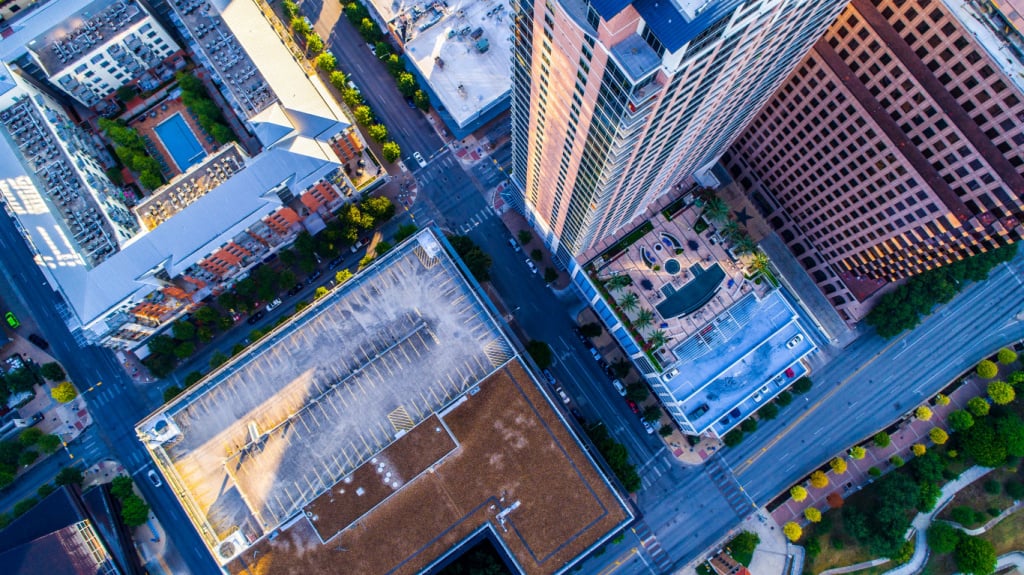 An aerial view of buildings in downtown Austin.