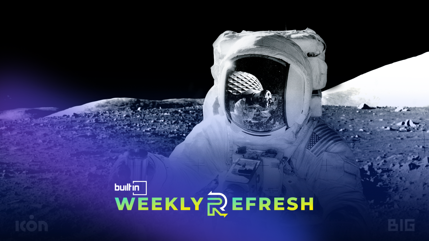 An astronaut on the moon with ICON’s structure in the masks reflection.