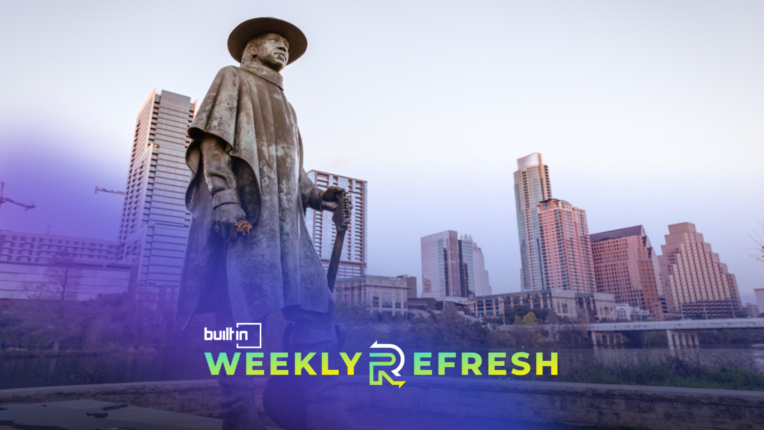 The Austin skyline behind a statue of Stevie Ray Vaughan