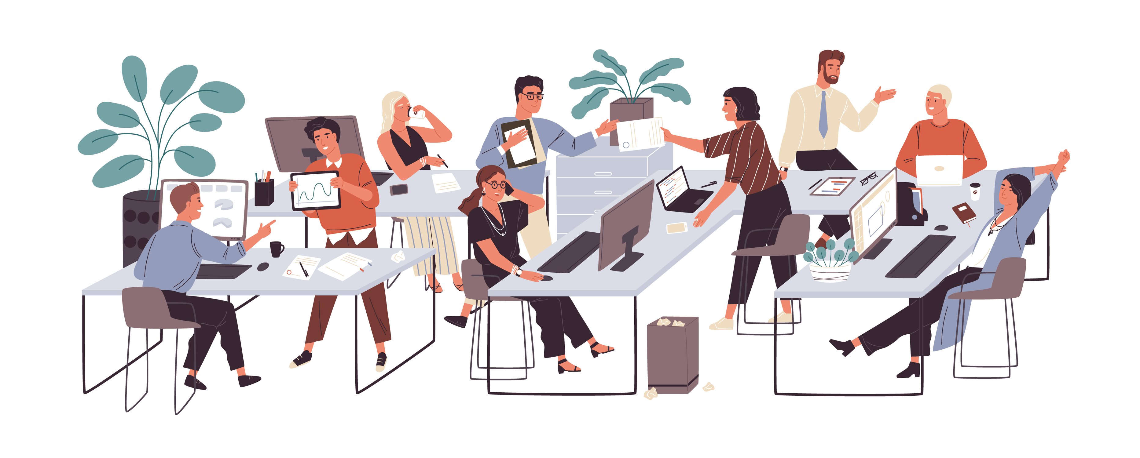 An illustration of many people at work in a busy open office