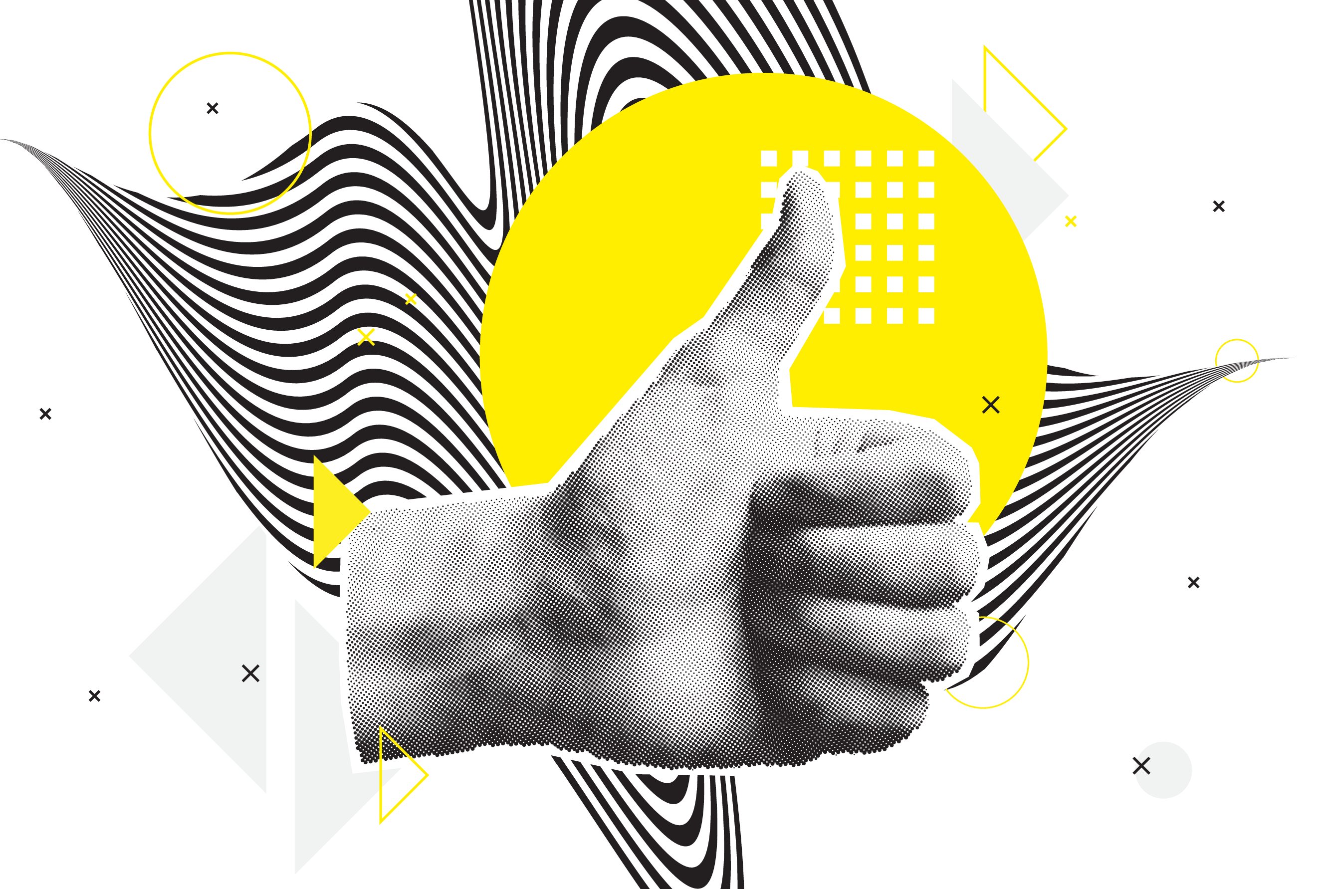 Photo collage of a hand giving thumbs up in front of a yellow circle and striped wavy background.