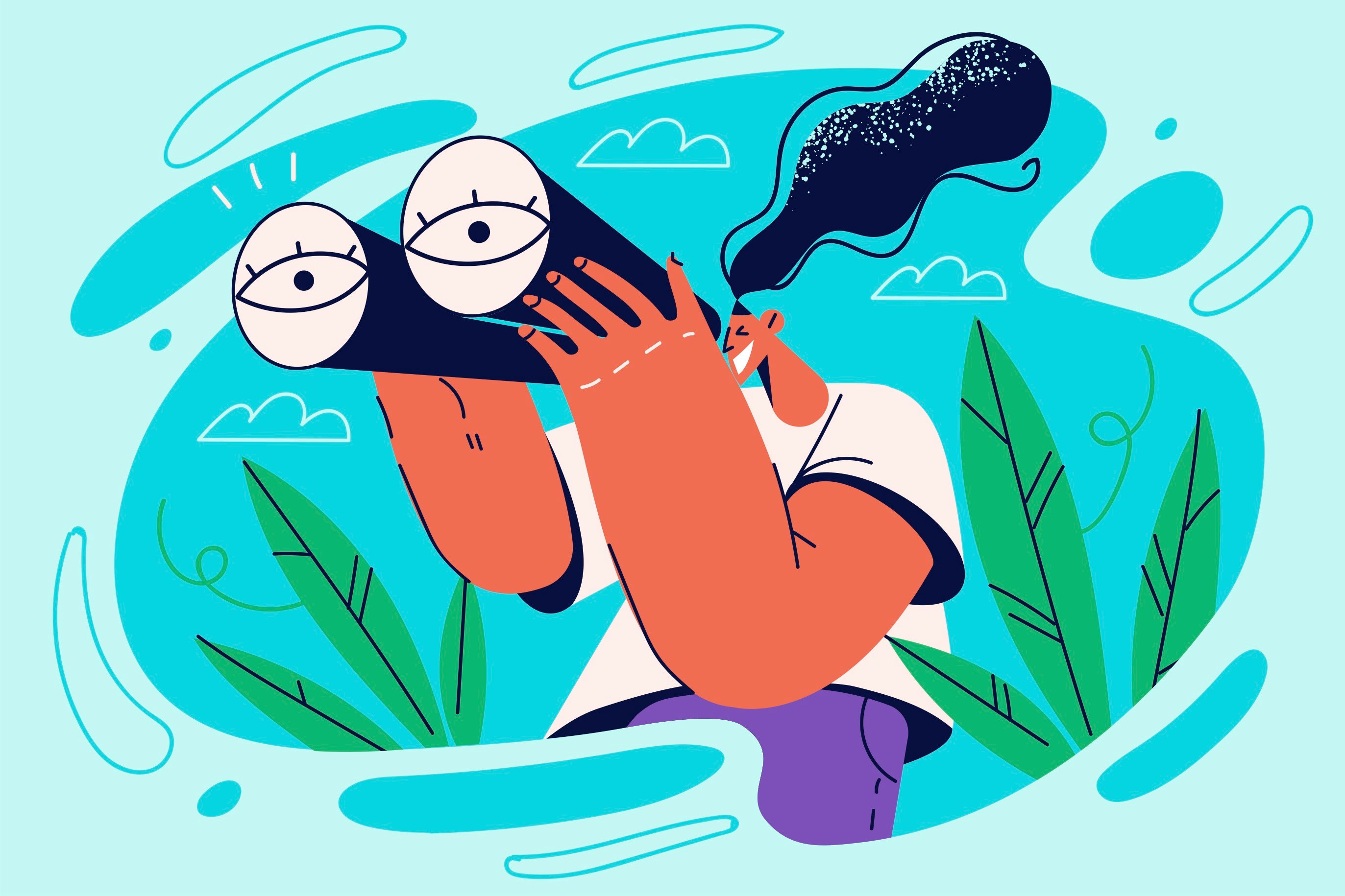 An illustration of a woman looking through binoculars