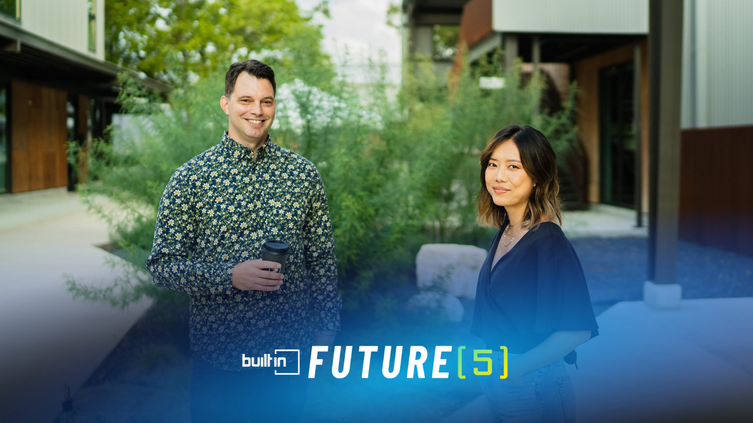 Aquifer co-founders Matt Udvari, CTO, and Chen Zhang, CEO, stand outside for a photo.