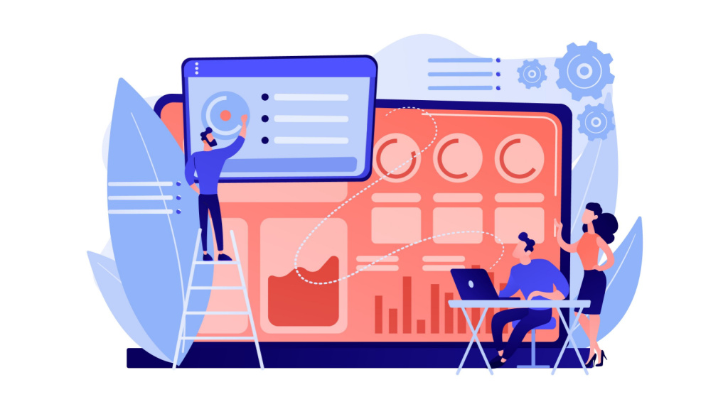 A graphic shows a man on a ladder analyzing a chart. His two colleages sit on the right side of the graphic and watch him